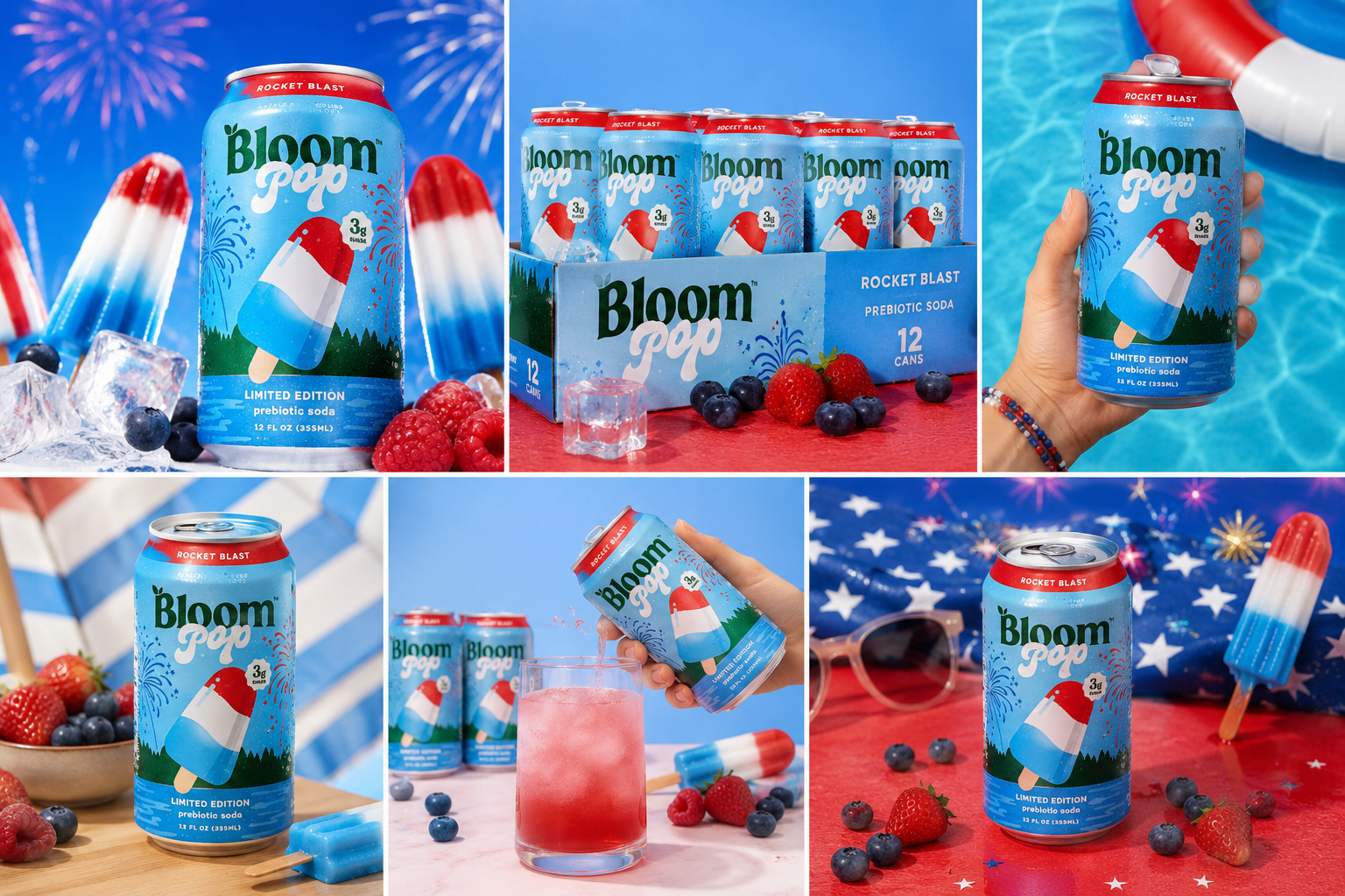 Rocket Blast - Bloom Pop - Limited Time Flavor - Prebiotic Soda 12 Pack, 12Oz Cans - Prebiotic Soda for Gut Health, Low Calorie Soda, No Caffeine, Healthy Soft Drink Alternative Beverage