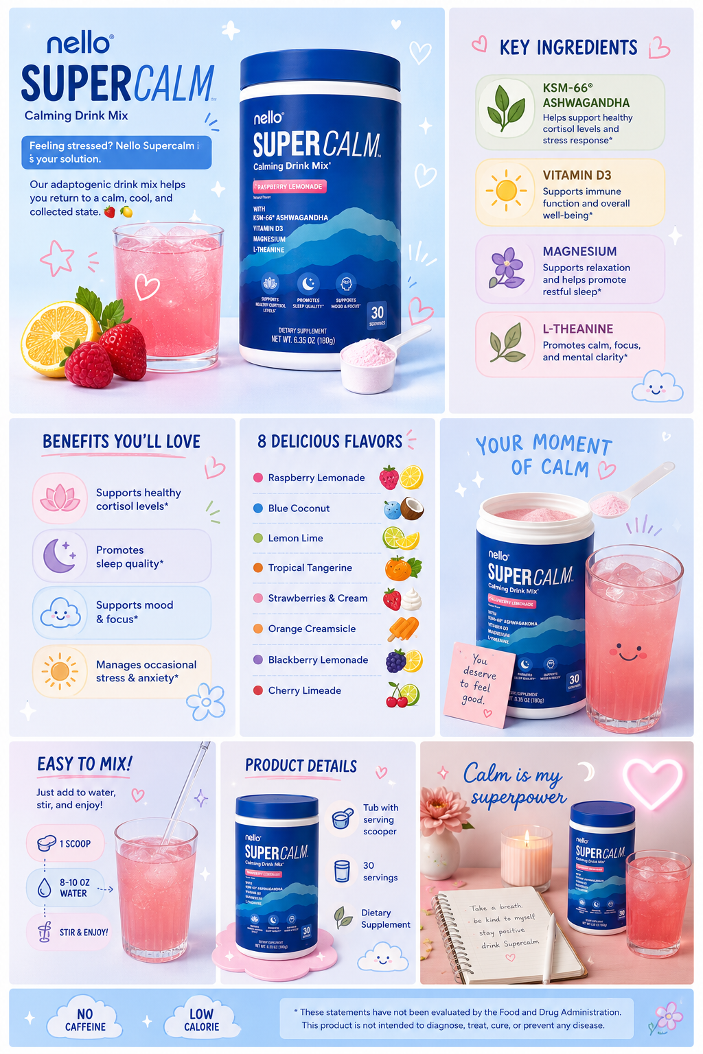 Nello Supercalm Calming Drink Mix with KSM-66 Ashwagandha Vitamin D3 Magnesium & L-Theanine Supports Cortisol Balance Mood & Sleep Helps Manage Stress Berry Flavored Dietary Supplement Healthcare Lemon