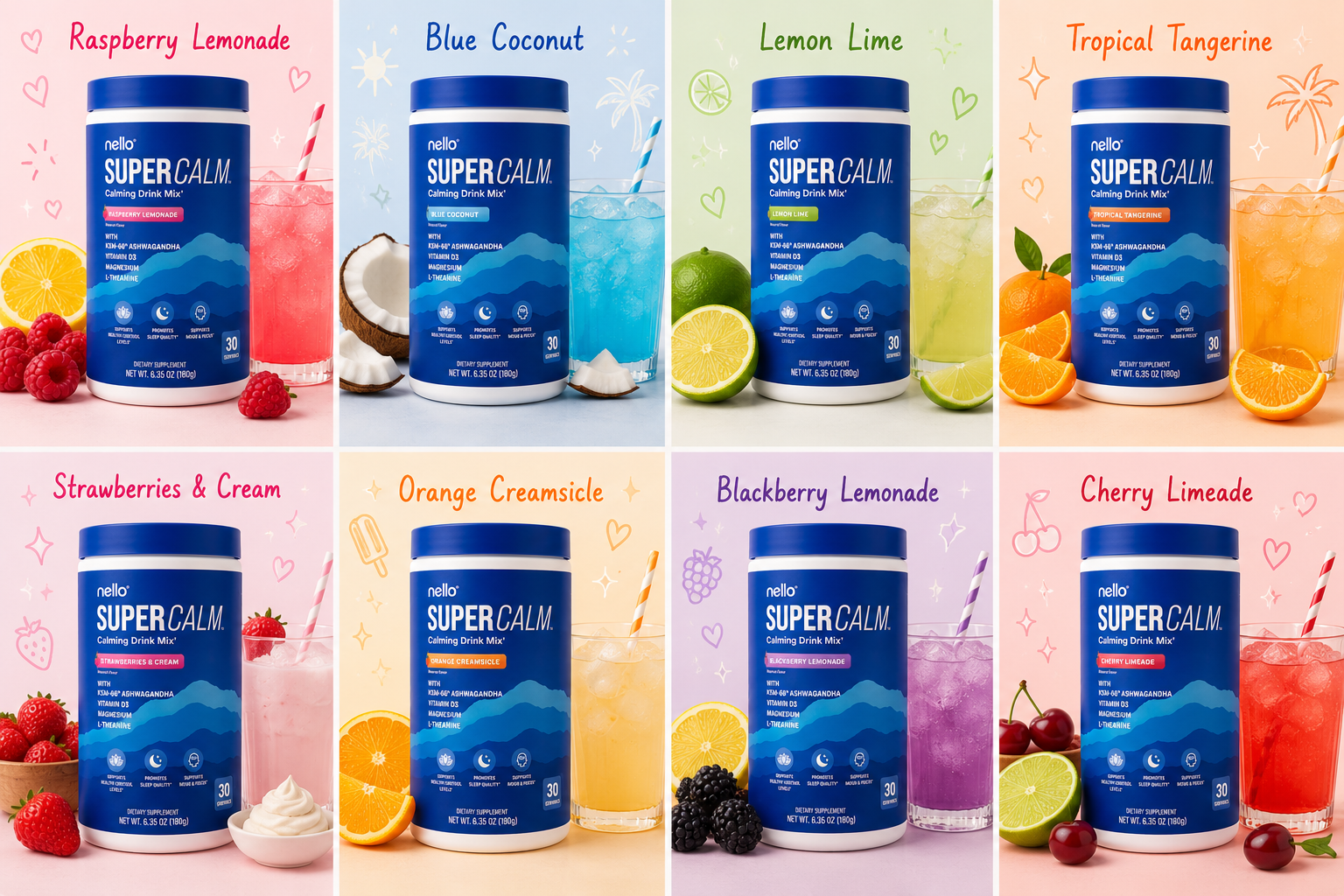 Nello Supercalm Calming Drink Mix with KSM-66 Ashwagandha Vitamin D3 Magnesium & L-Theanine Supports Cortisol Balance Mood & Sleep Helps Manage Stress Berry Flavored Dietary Supplement Healthcare Lemon