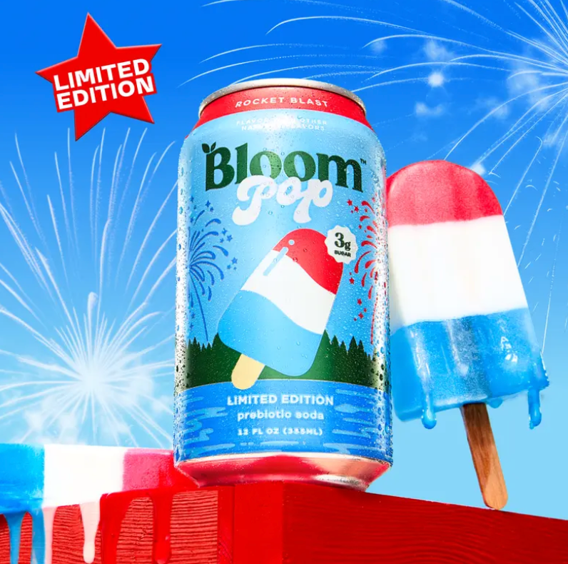 Rocket Blast - Bloom Pop - Limited Time Flavor - Prebiotic Soda 12 Pack, 12Oz Cans - Prebiotic Soda for Gut Health, Low Calorie Soda, No Caffeine, Healthy Soft Drink Alternative Beverage